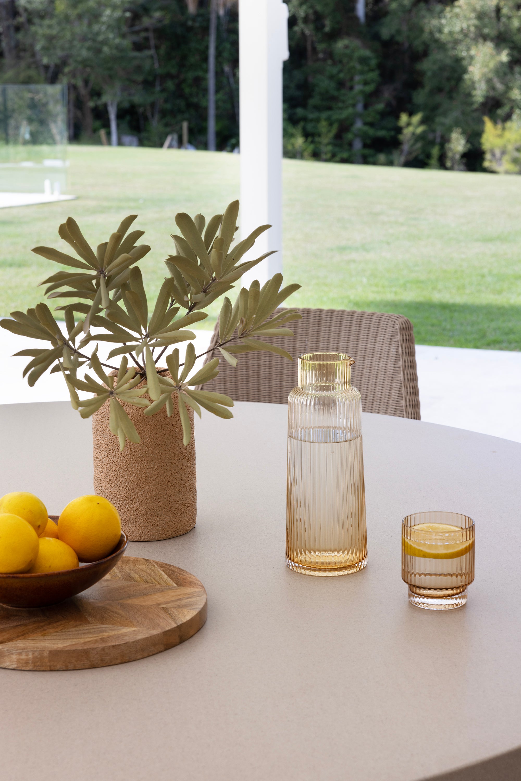 1.6m Alta Round Dining Table | Beige with Light Honey Acacia Wood Legs - www.elkstone.com.au