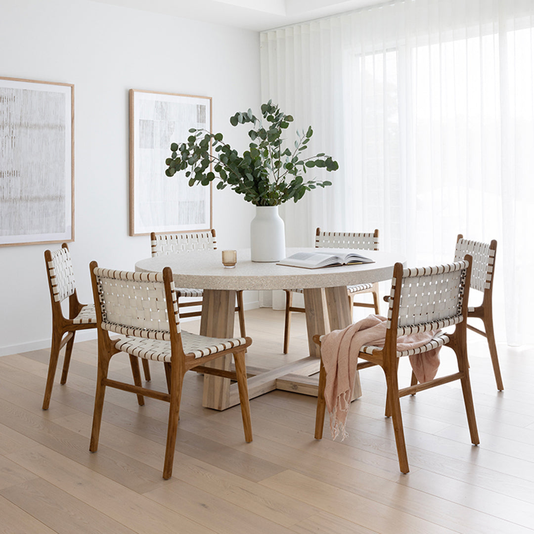 Witta Woven White Leather Dining Chairs with Teak Frame - www.elkstone.com.au
