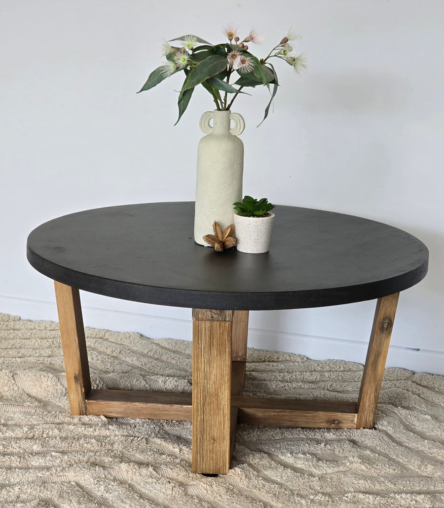 90cm Elkstone Round Coffee Table| Ebony Black with Light Honey Legs