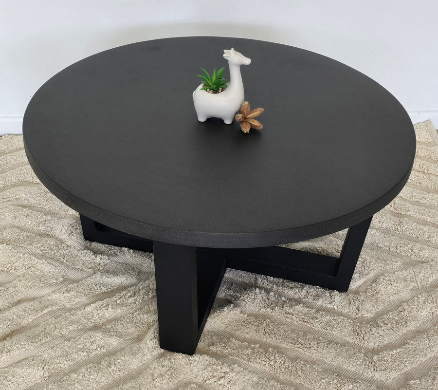 90cm Elkstone Round Coffee Table} Ebony Black with Black Powder Coated legs