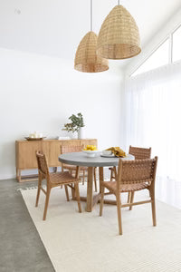 1.2m Pebble Grey Alta Round Dining Table with Light Honey Acacia Timber legs|4 leather chairs - www.elkstone.com.au