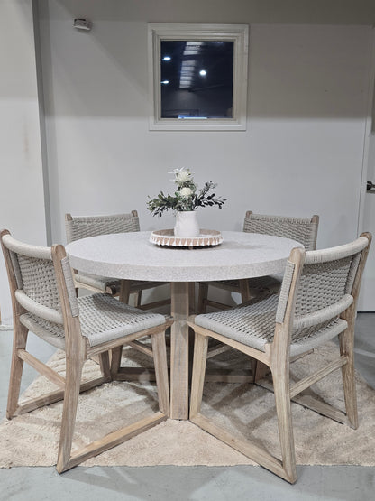 1.2 Ivory Coast eTerrazzo Round dining table\ Ivory wash legs with 4 Almond wicker chairs - www.elkstone.com.au