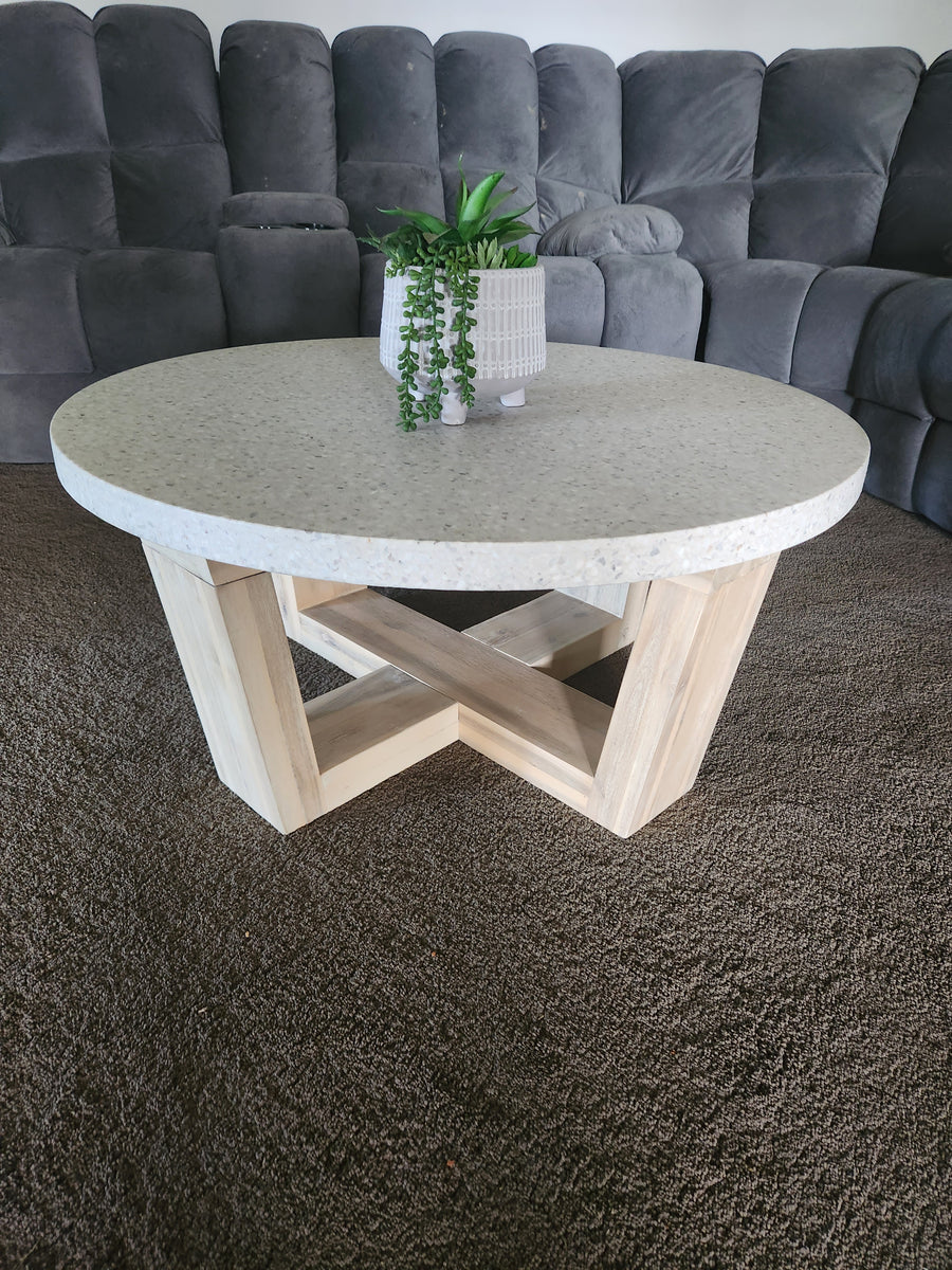 .90m COFFEE TABLE Round eTerrazzo Ivory Coast with Fat Ivory wash acacia legs - www.elkstone.com.au