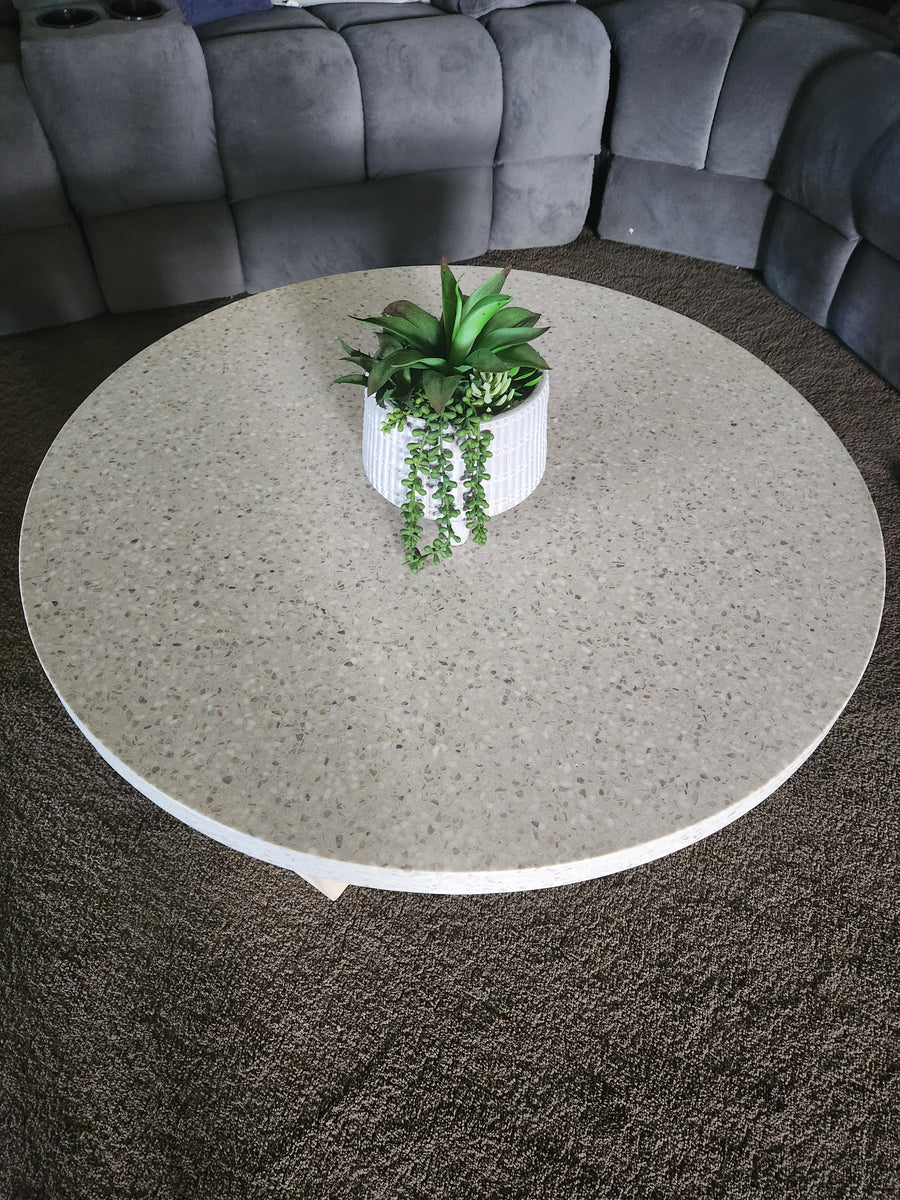 .90m COFFEE TABLE Round eTerrazzo Ivory Coast with Fat Ivory wash acacia legs - www.elkstone.com.au