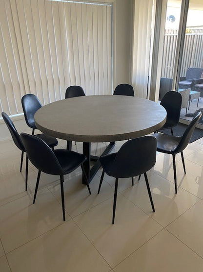 1.6m Alta Round Dining Table | Speckled Grey with Black Powder Coated Legs - www.elkstone.com.au