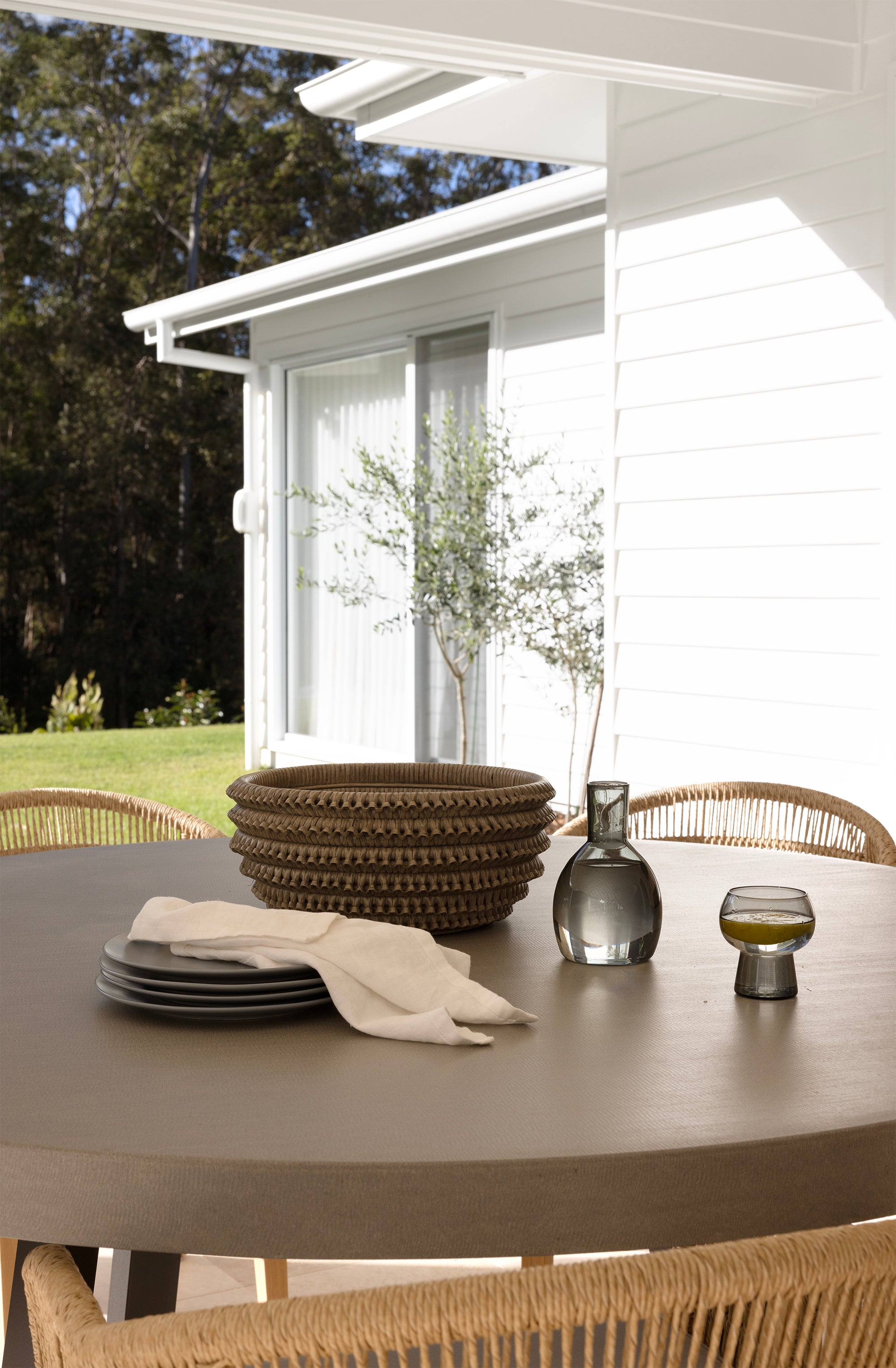 1.4m Alta Round Dining Table | Pebble Grey with Light Honey Acacia Wood Legs - www.elkstone.com.au