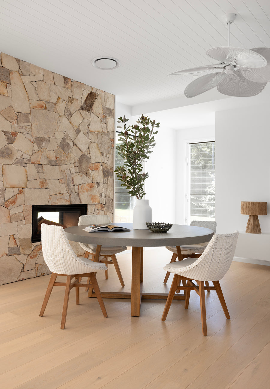 1.6m Alta Round Dining Table | Pebble Grey with Light Honey Acacia Wood Legs - www.elkstone.com.au