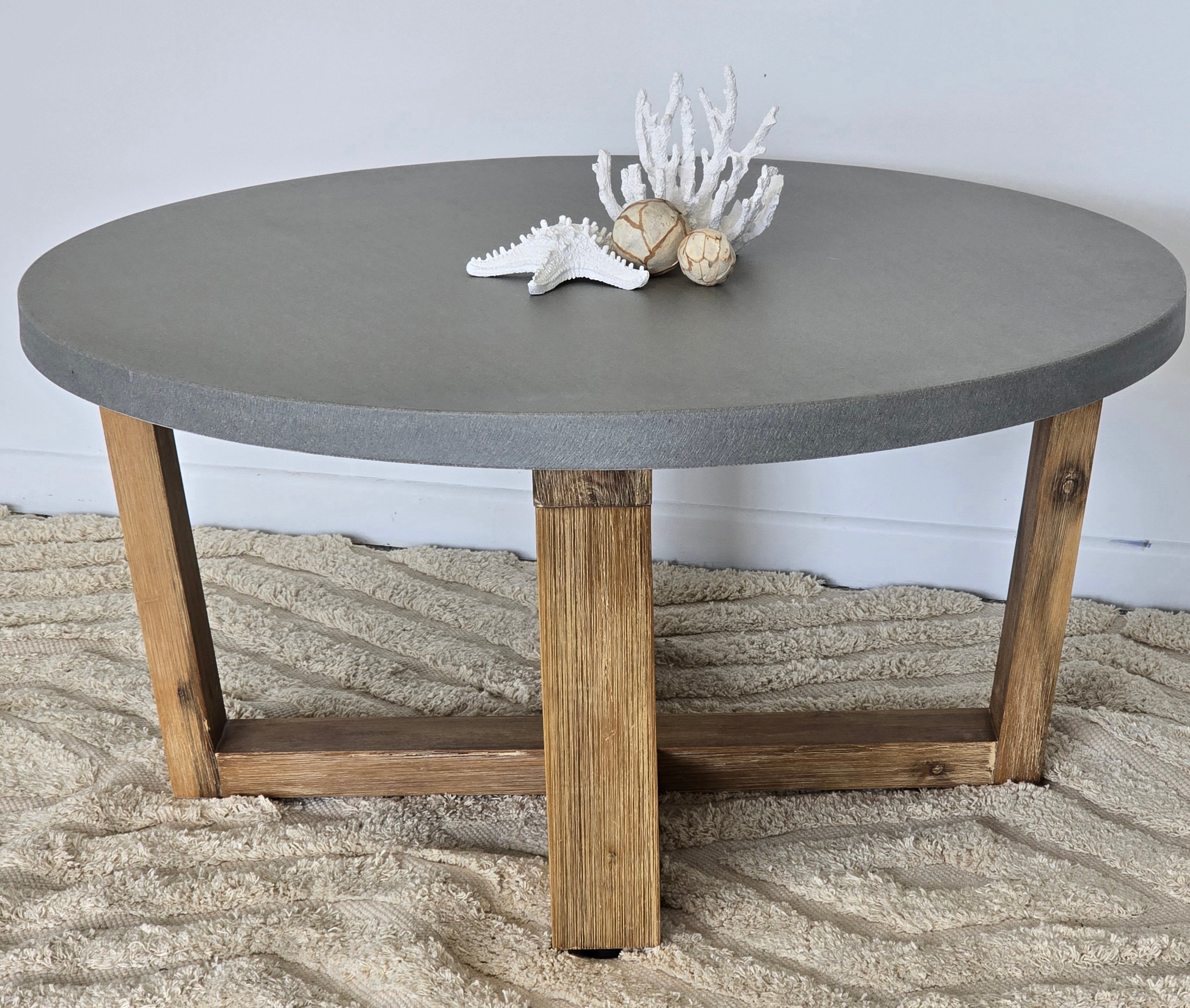 90cm Elkstone Round Coffee Table| Pebble Grey with Light Honey Acacia Legs - www.elkstone.com.au
