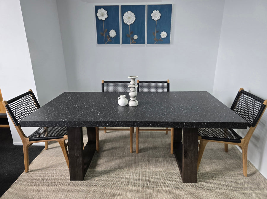 2.0 eTerrazzo Rectangular Rich Umber Dining Table with 6 Stradbroke chairs - www.elkstone.com.au