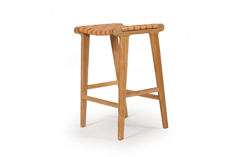 Witta Leather Saddle Stool - Woven Natural Leather on Teak Frame - www.elkstone.com.au
