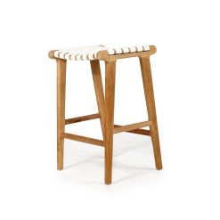 Witta woven stool | White Leather and Teak - www.elkstone.com.au