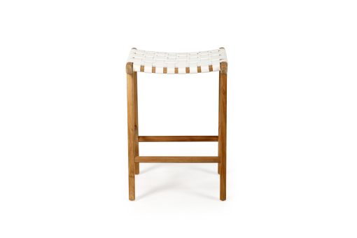 Witta woven stool | White Leather and Teak – www.elkstone.com.au