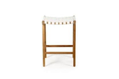 Witta woven stool | White Leather and Teak - www.elkstone.com.au
