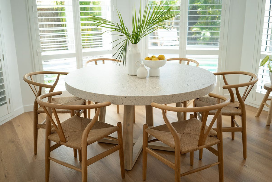 1.4m eTerrazzo Round Dining Table | Ivory Coast with Ivory Washed Acacia Wood Legs | 10% Off - www.elkstone.com.au