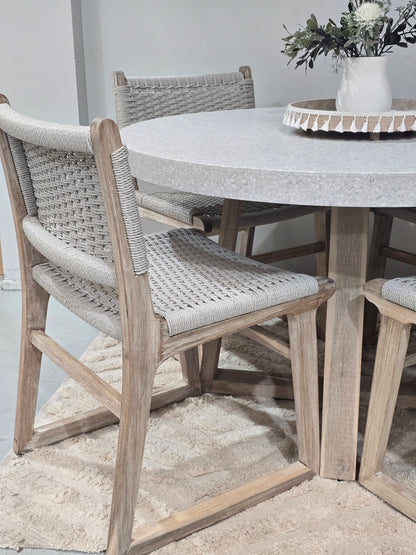 1.2 Ivory Coast eTerrazzo Round dining table\ Ivory wash legs with 4 Almond wicker chairs - www.elkstone.com.au