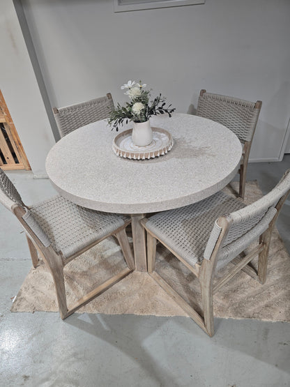 1.2 Ivory Coast eTerrazzo Round dining table\ Ivory wash legs with 4 Almond wicker chairs - www.elkstone.com.au