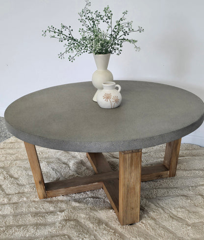 90cm Elkstone Round Coffee Table} Speckled grey with Light Honey Acacia Timber legs - www.elkstone.com.au