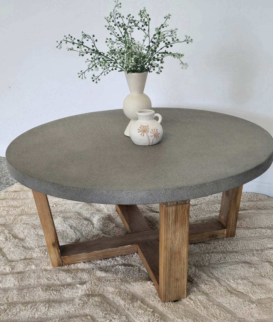 90cm Elkstone Round Coffee Table} Speckled grey with Light Honey Acacia Timber legs