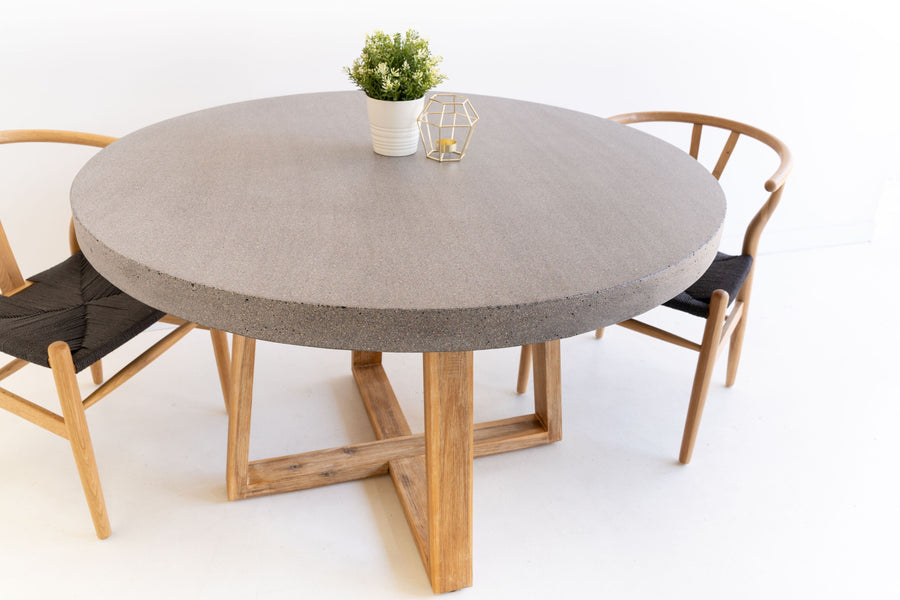 1.2m Alta Round Dining Table - Speckled Grey with Light Honey Acacia Wood Legs - www.elkstone.com.au