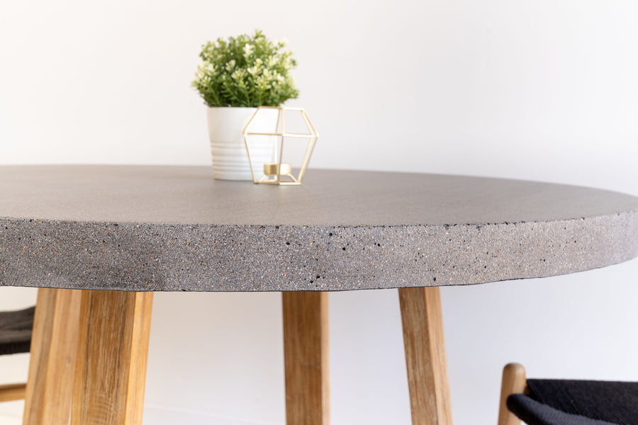 1.2m Alta Round Dining Table - Speckled Grey with Light Honey Acacia Wood Legs - www.elkstone.com.au