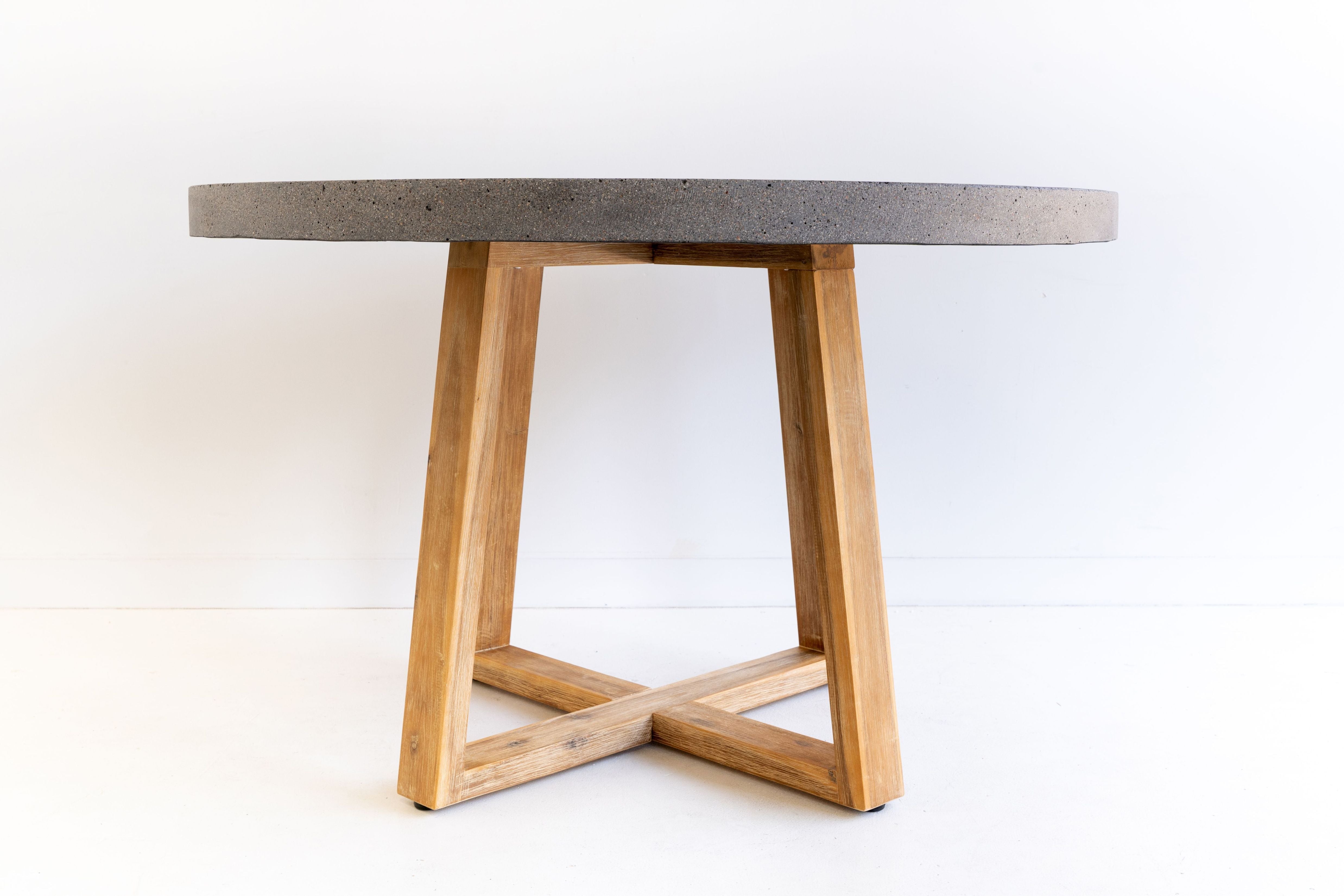 1.2m Alta Round Dining Table - Speckled Grey with Light Honey Acacia Wood Legs - www.elkstone.com.au