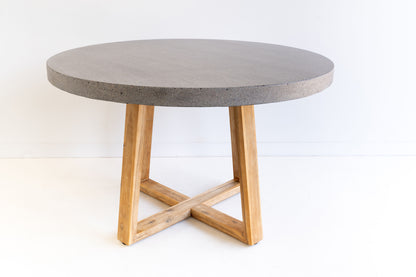 1.2m Alta Round Dining Table - Speckled Grey with Light Honey Acacia Wood Legs - www.elkstone.com.au