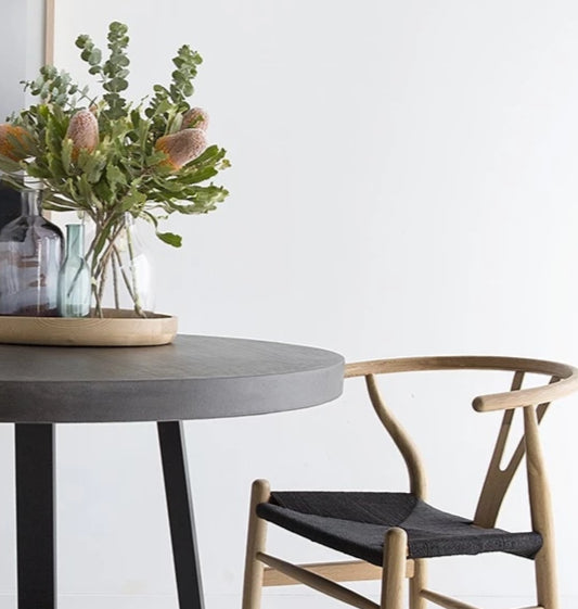 1.0m Alta Round Dining Table - Black with Black Metal Legs - www.elkstone.com.au