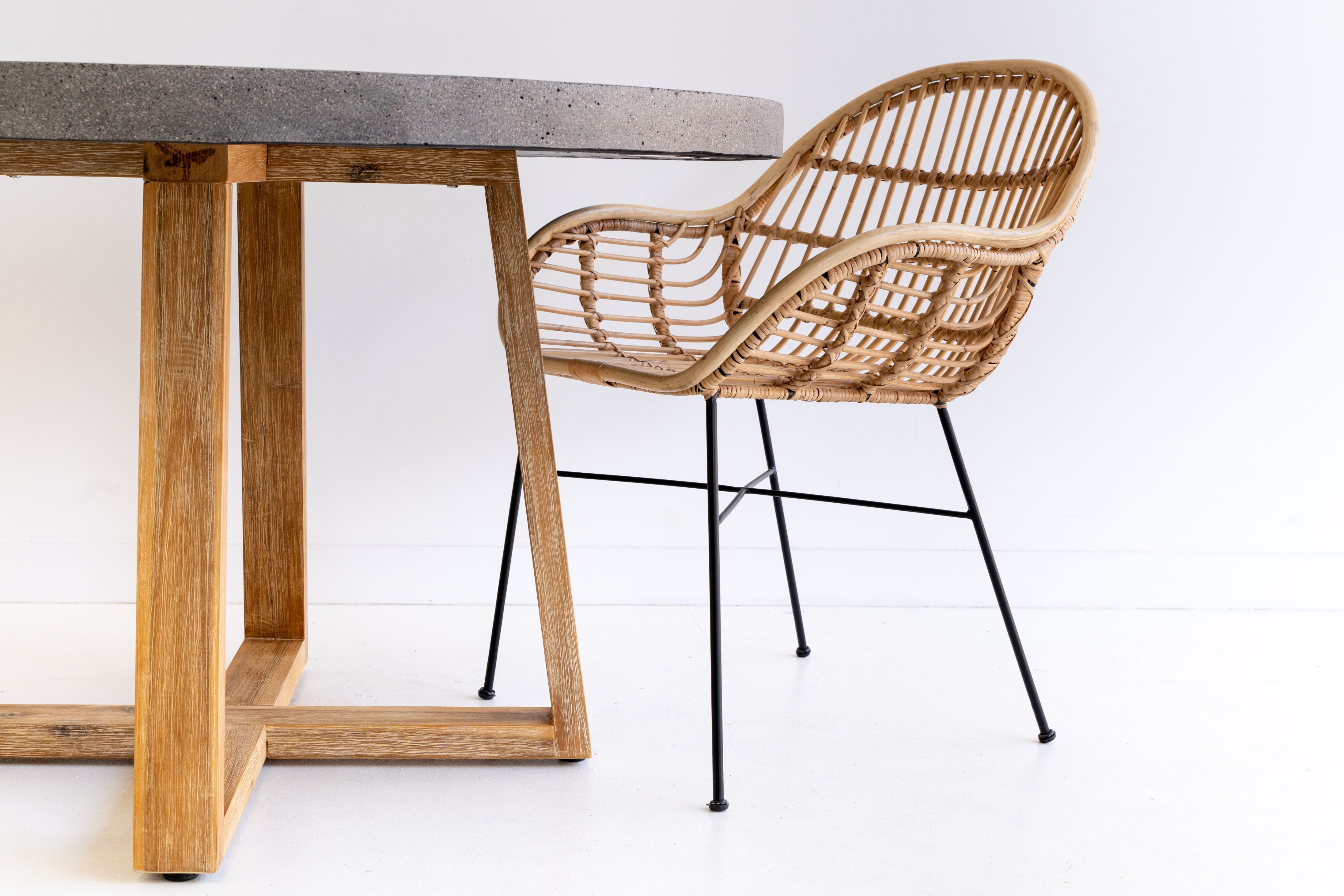 1.0m Alta Round Dining Table - Speckled Grey with Light Honey Timber Legs - www.elkstone.com.au