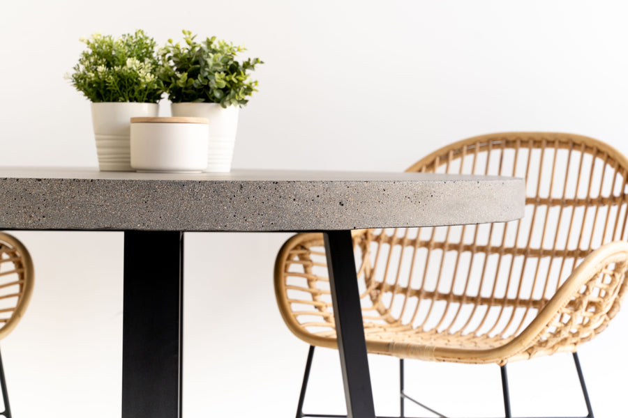 1.0m Alta Round Dining Table - Speckled Grey with Black Metal Legs - www.elkstone.com.au
