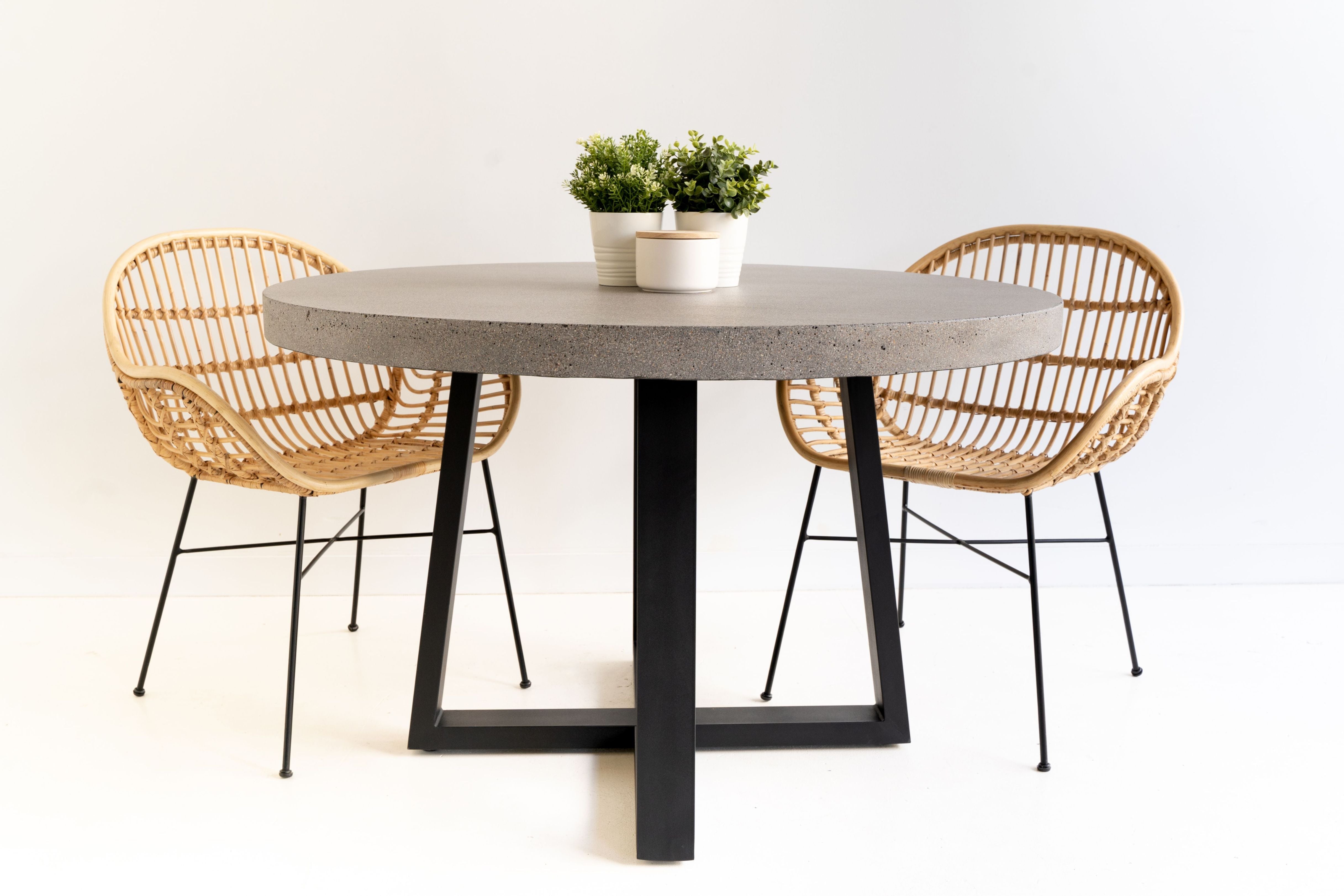 1.2m Alta Round Dining Table - Speckled Grey with Black Metal Legs - www.elkstone.com.au