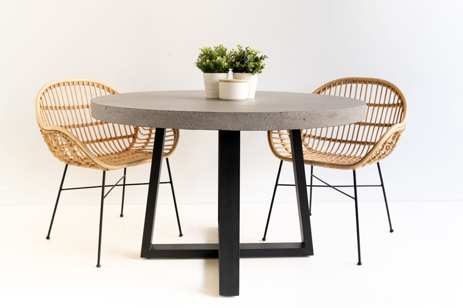 1.2m Alta Round Dining Table - Speckled Grey with Black Metal Legs - www.elkstone.com.au