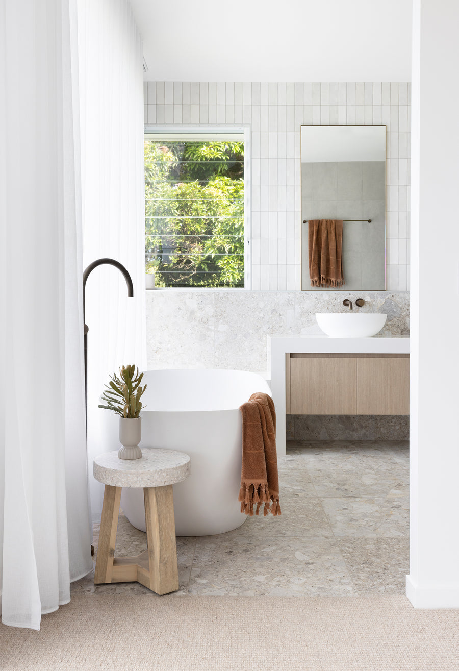 35cm eTerrazzo Round Stool | Ivory Coast with Wide Ivory Wash Legs - www.elkstone.com.au