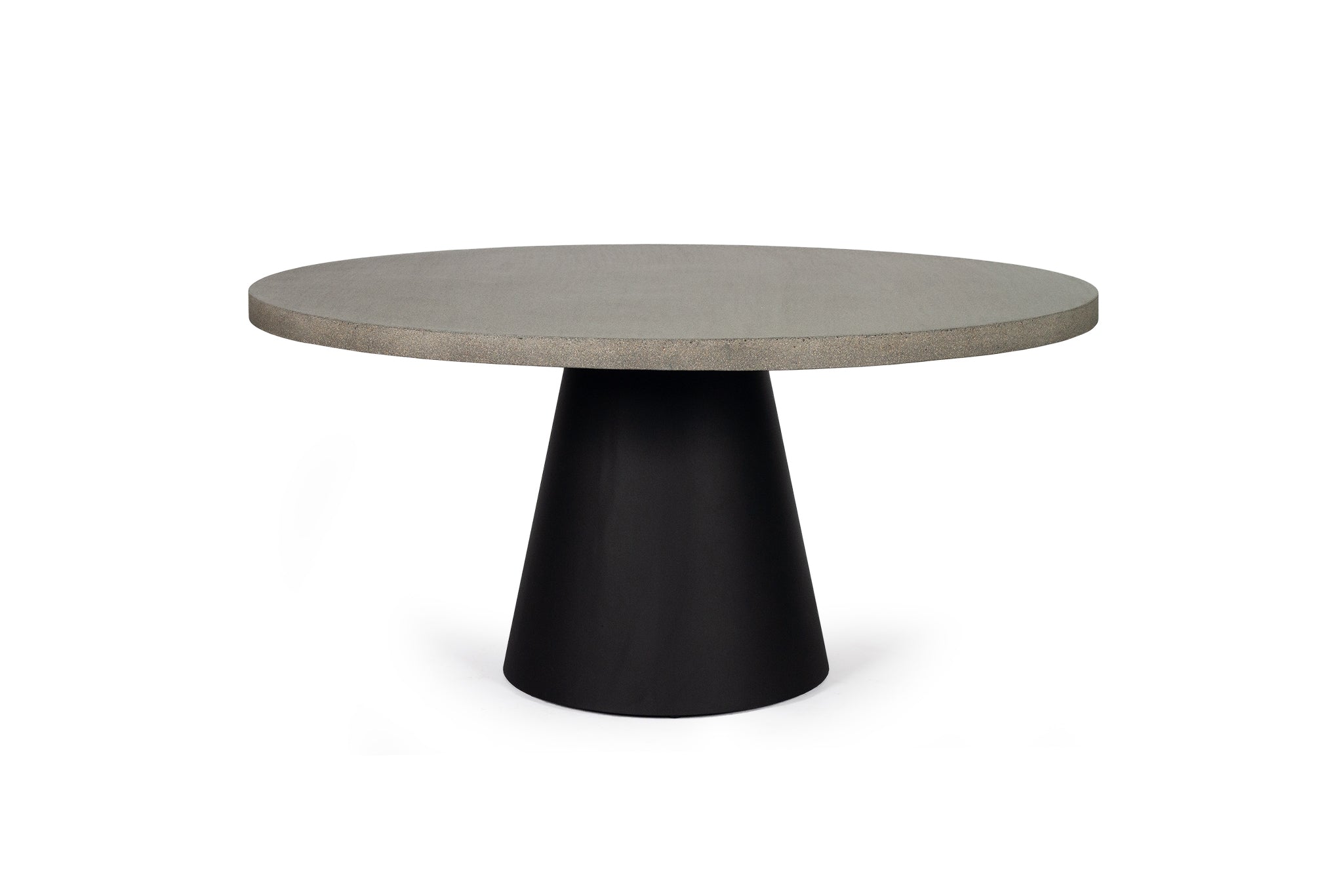 1.6m Avalon Round Dining Table - Speckled Grey with Black Powder Coated Iron Cone Base - www.elkstone.com.au
