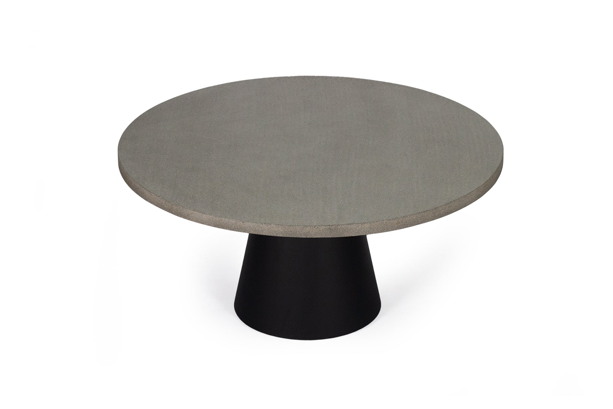 1.6m Avalon Round Dining Table - Speckled Grey with Black Powder Coated Iron Cone Base - www.elkstone.com.au