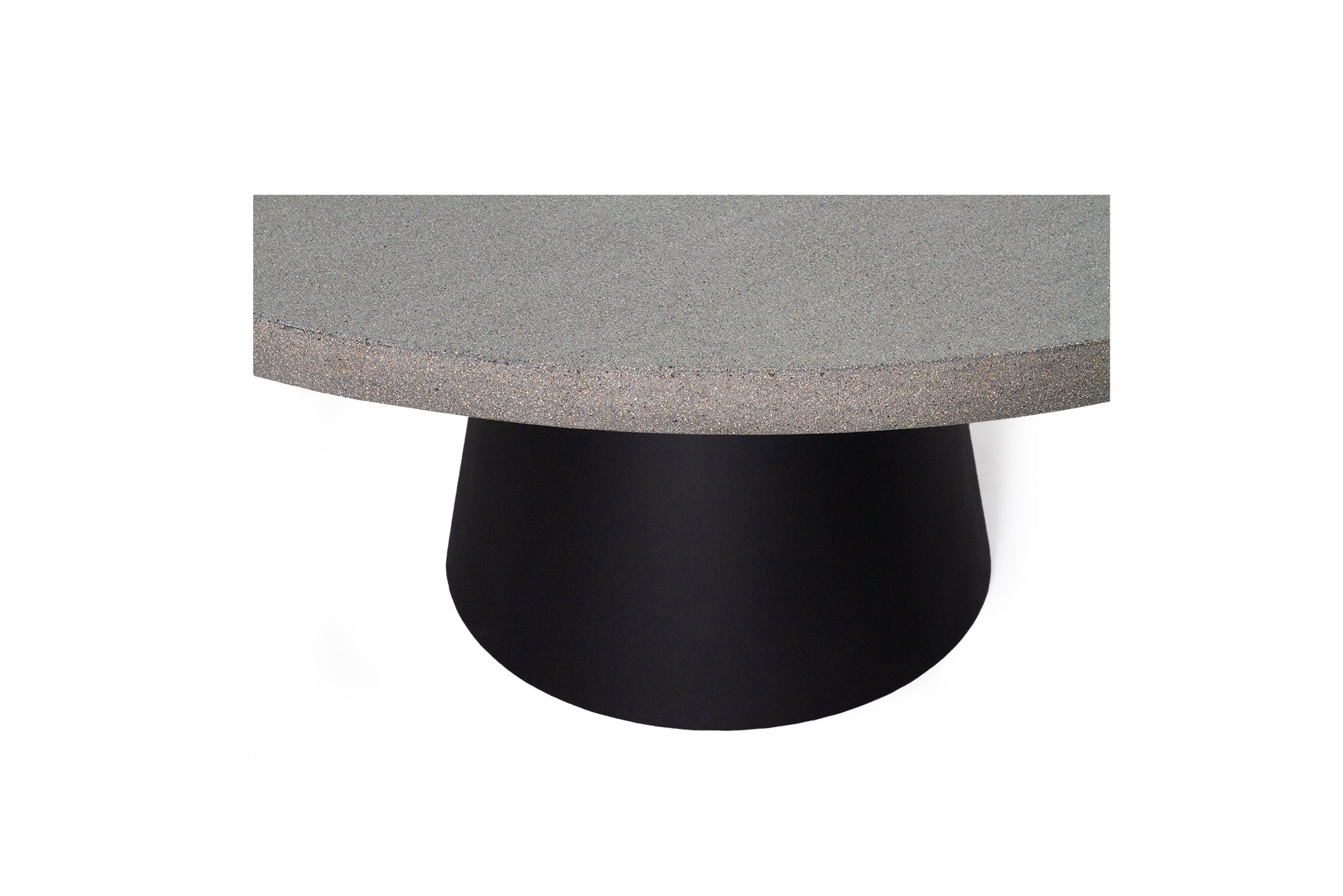 1.6m Avalon Round Dining Table - Speckled Grey with Black Powder Coated Iron Cone Base - www.elkstone.com.au