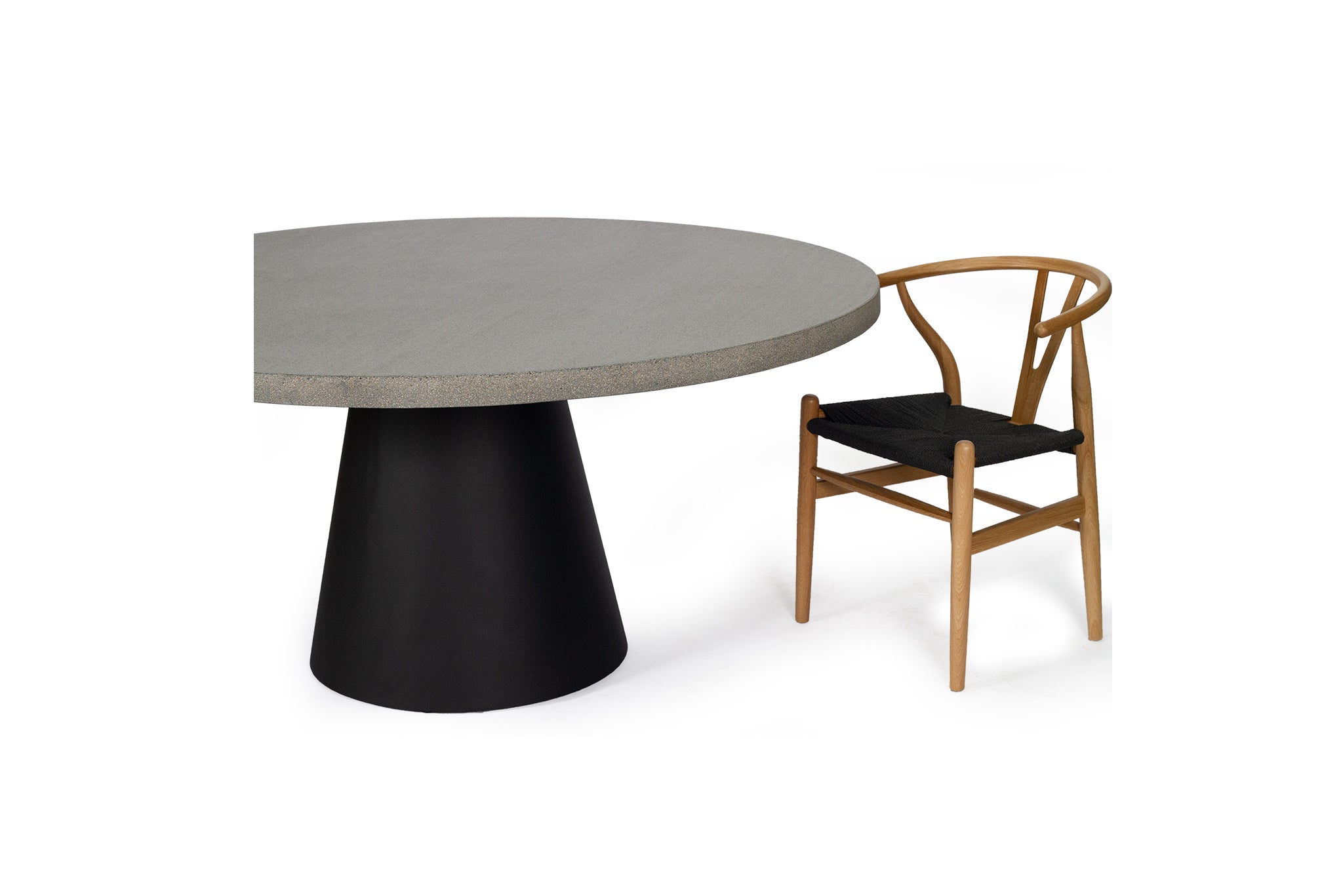 1.6m Avalon Round Dining Table - Speckled Grey with Black Powder Coated Iron Cone Base - www.elkstone.com.au