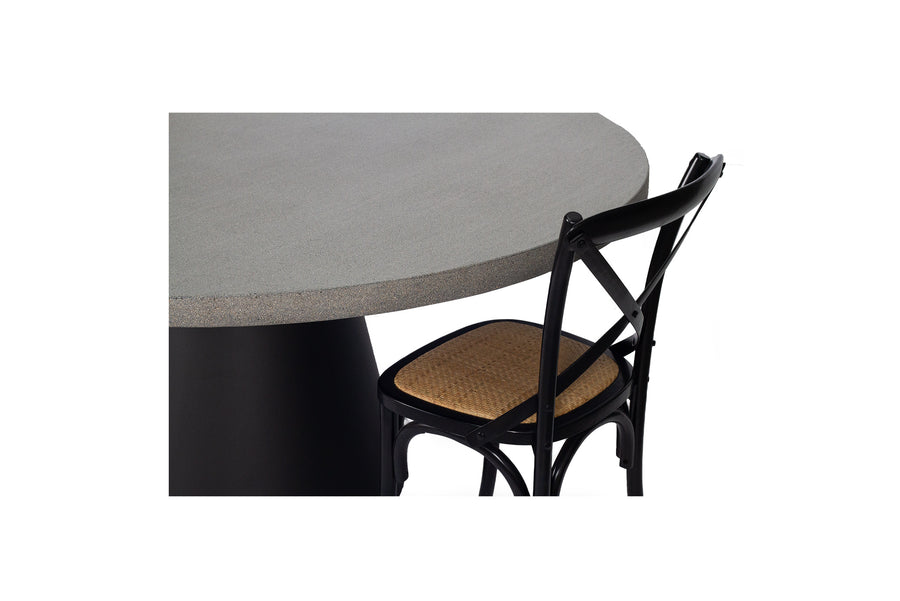 1.6m Avalon Round Dining Table - Speckled Grey with Black Powder Coated Iron Cone Base - www.elkstone.com.au