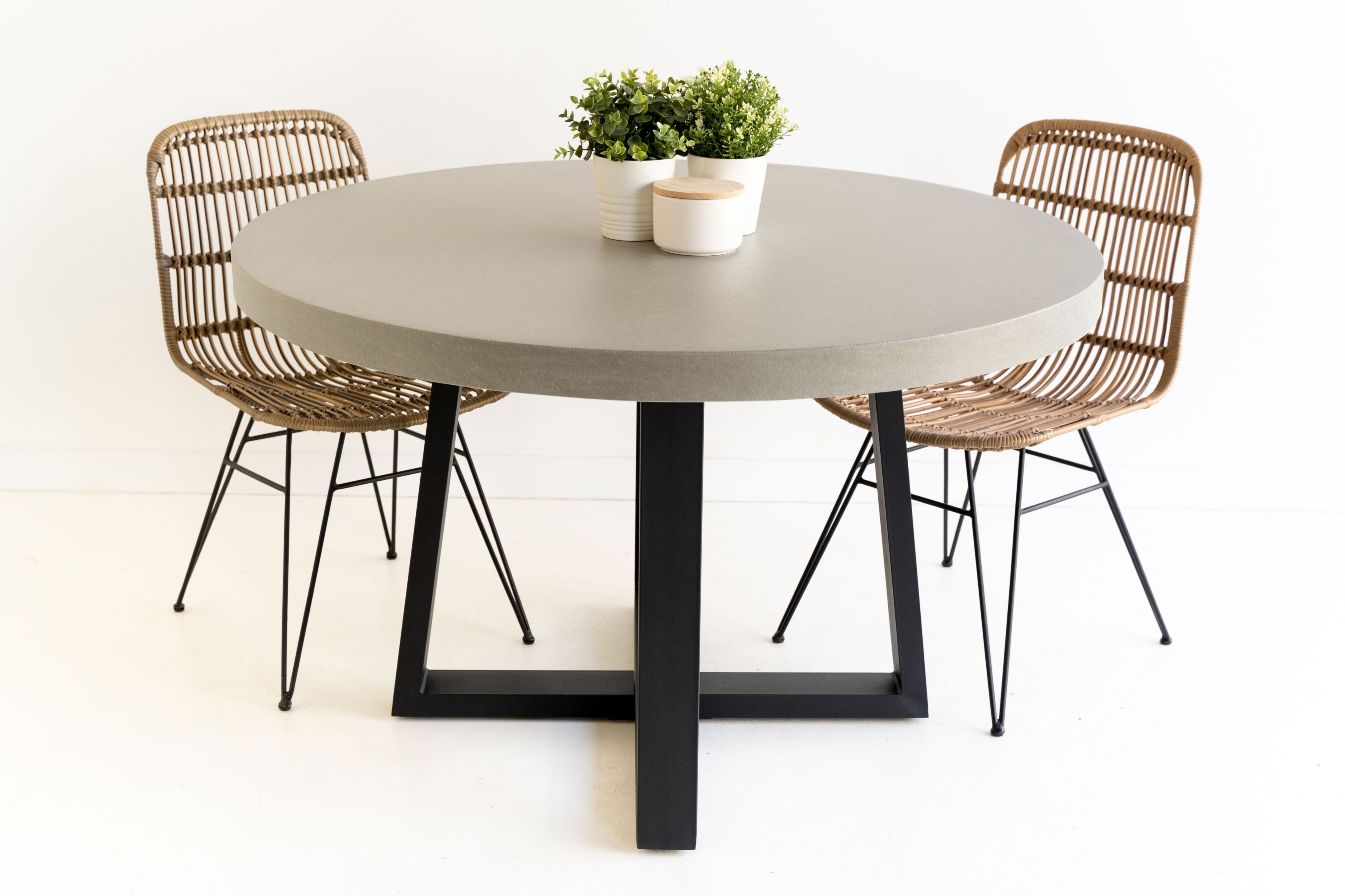 1.2m Alta Round Dining Table - Grey with Black Powder Coated Iron Legs - www.elkstone.com.au