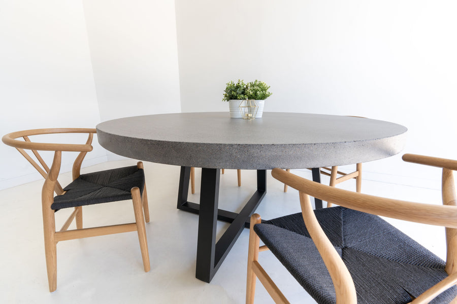 1.6m Alta Round Dining Table - Speckled Grey with Black Powder Coated Iron Legs - www.elkstone.com.au