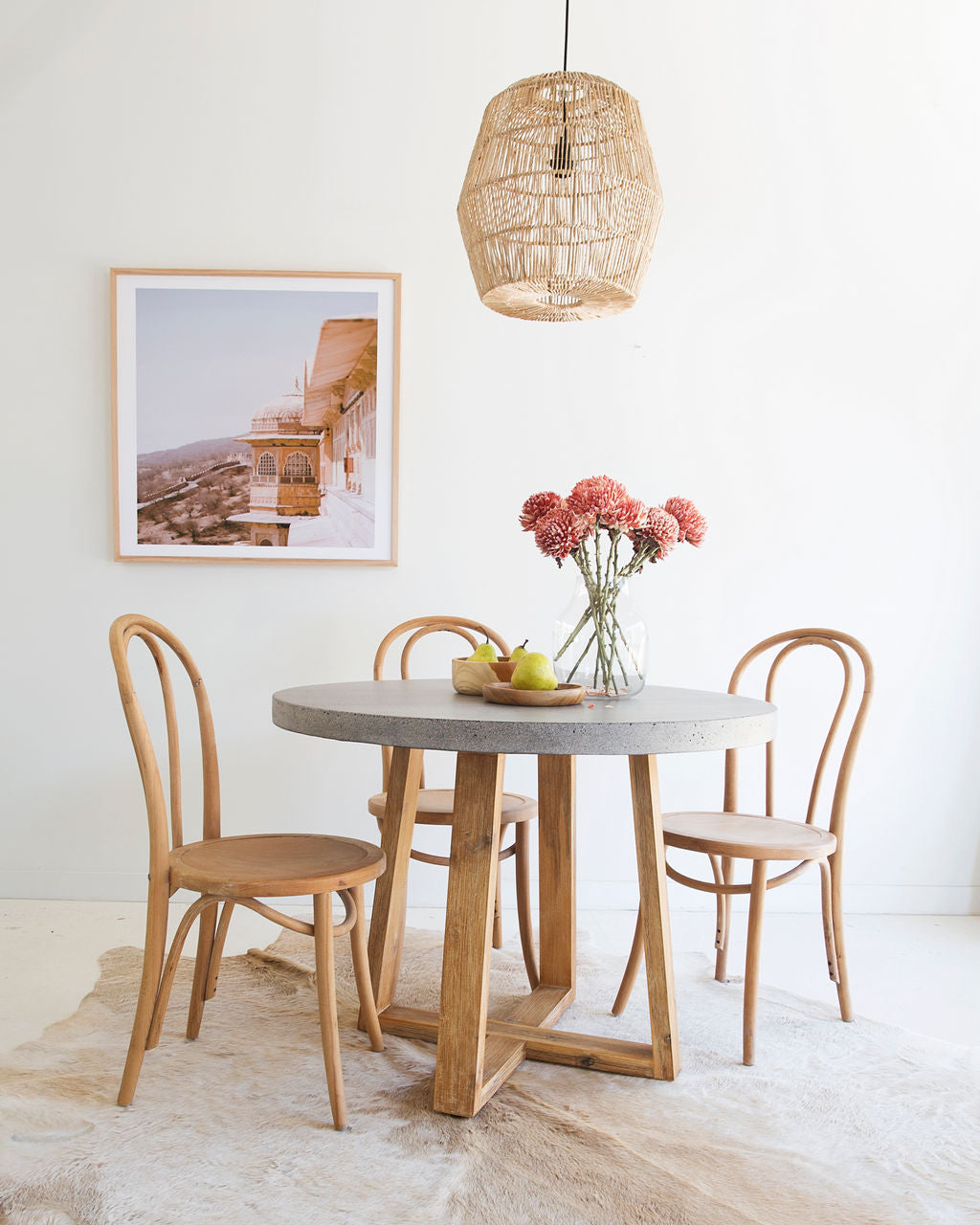 1.0m Alta Round Dining Table - Speckled Grey with Light Honey Timber Legs - www.elkstone.com.au