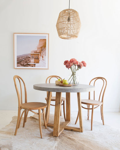 1.0m Alta Round Dining Table - Speckled Grey with Light Honey Timber Legs - www.elkstone.com.au