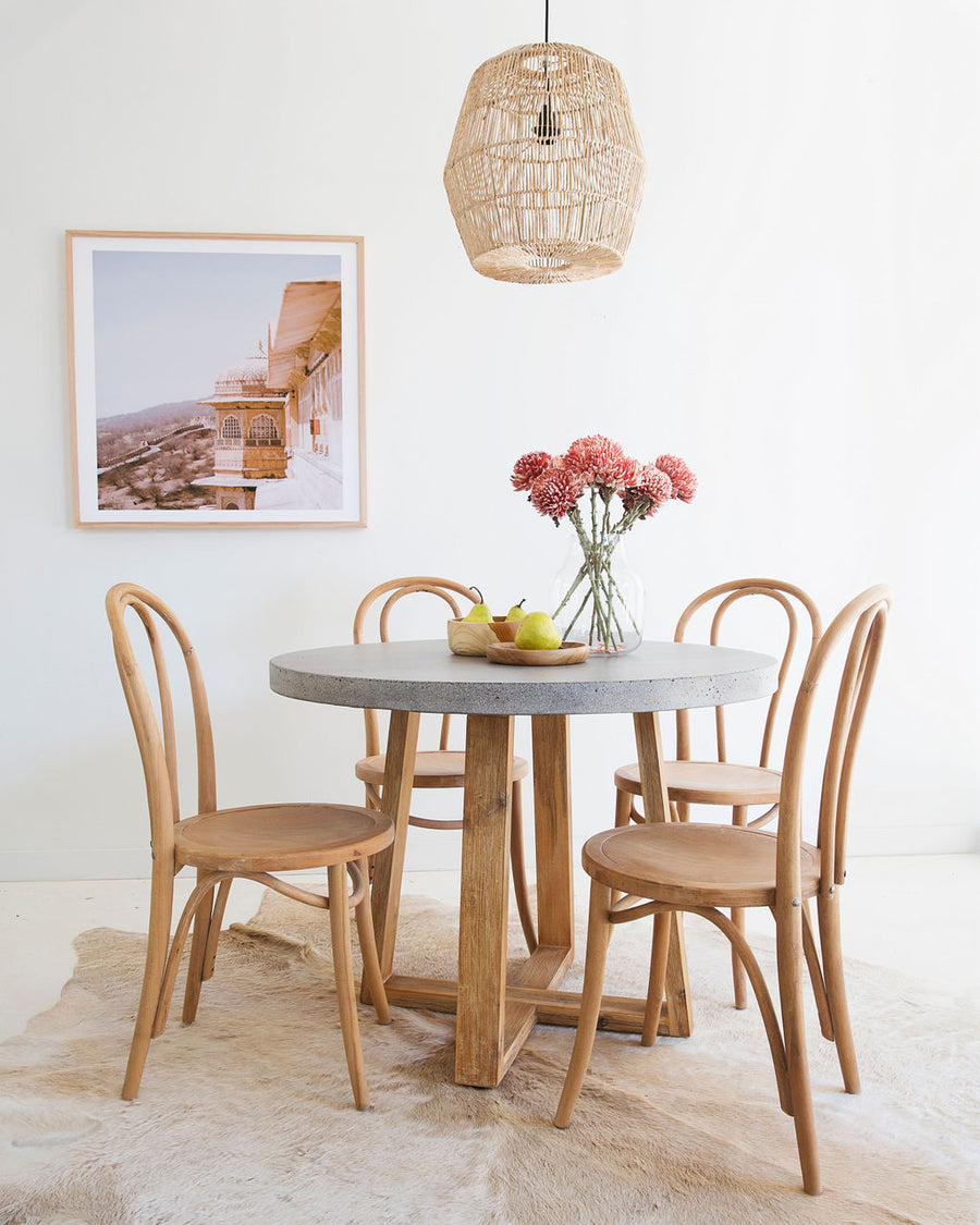 1.0m Alta Round Dining Table - Speckled Grey with Light Honey Timber Legs - www.elkstone.com.au