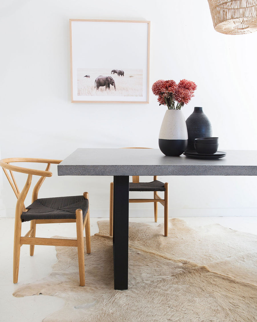 2.0m Alta Rectangular Dining Table - Speckled Grey with Black Powder Coated Iron Legs - www.elkstone.com.au