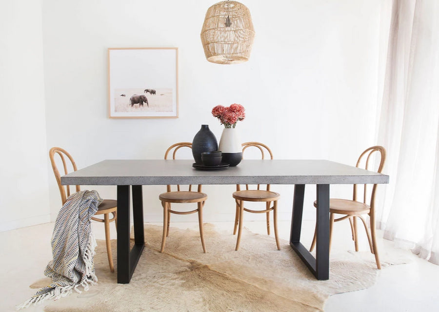 2.0m Alta Rectangular Dining Table - Speckled Grey with Black Powder Coated Iron Legs - www.elkstone.com.au