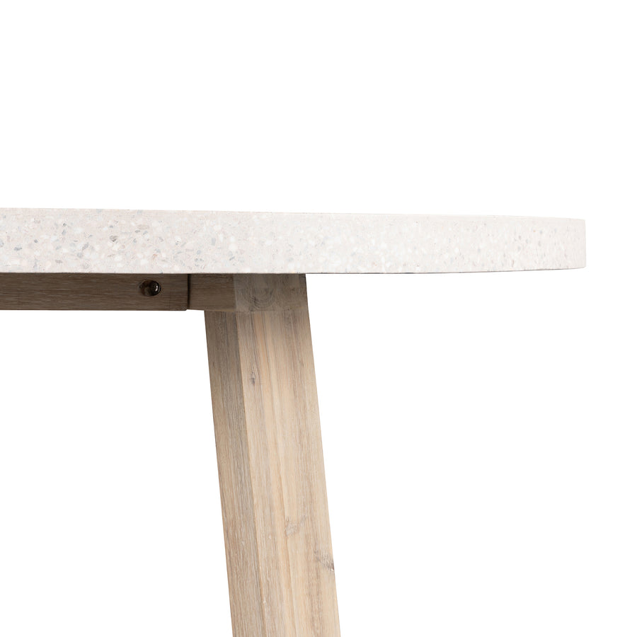 1.6m eTerrazzo Round Dining Table | Ivory Coast with Wide Ivory Washed Acacia Wood Legs - www.elkstone.com.au