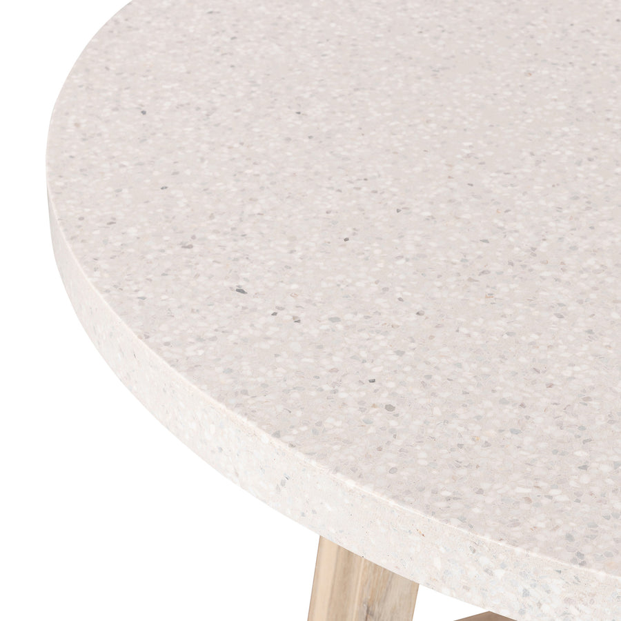 1.6m eTerrazzo Round Dining Table | Ivory Coast with Wide Ivory Washed Acacia Wood Legs - www.elkstone.com.au