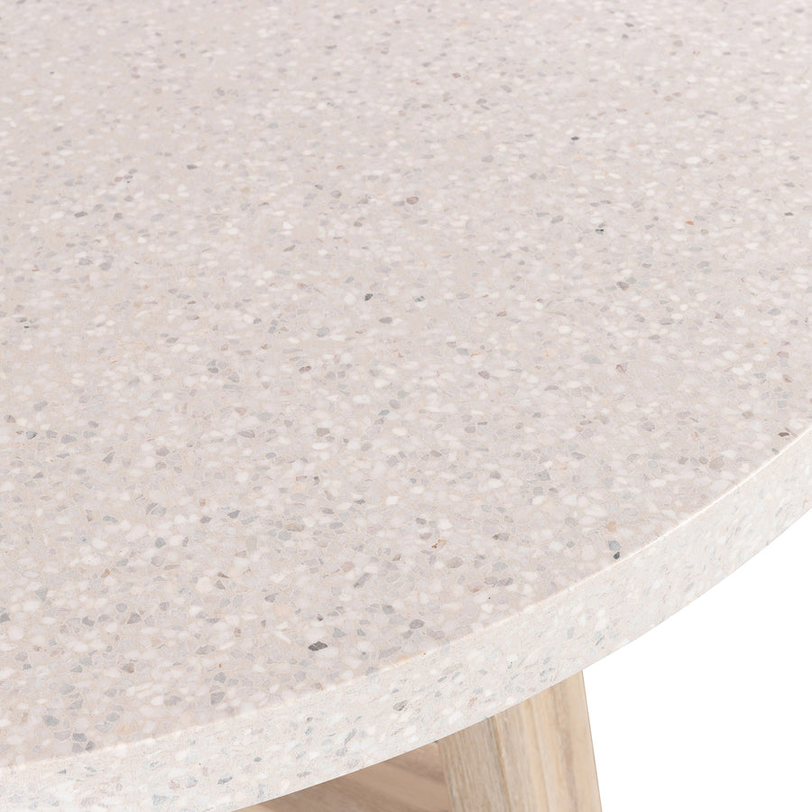 1.6m eTerrazzo Round Dining Table | Ivory Coast with Wide Ivory Washed Acacia Wood Legs - www.elkstone.com.au