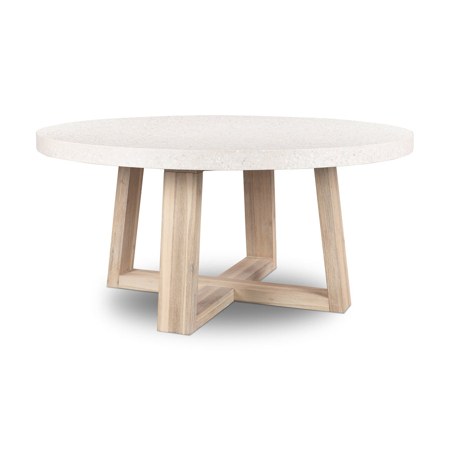 1.6m eTerrazzo Round Dining Table | Ivory Coast with Wide Ivory Washed Acacia Wood Legs - www.elkstone.com.au