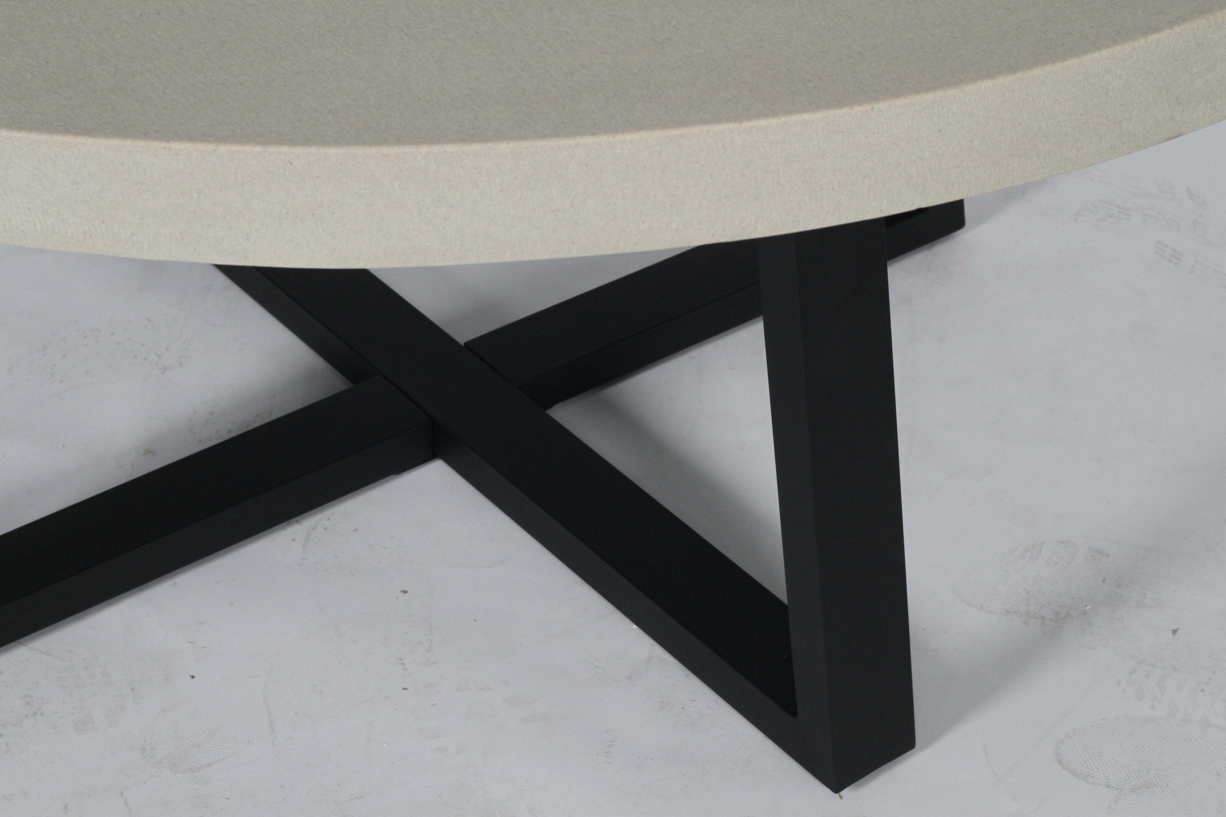 1.6m Alta Round Dining Table - Beige top with Black Powder Coated Iron Legs - www.elkstone.com.au