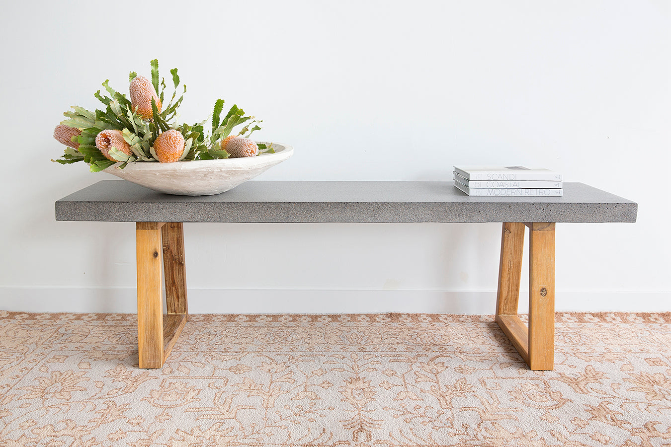 1.45m Alta Bench Seat - Speckled Grey with Light Honey Acacia Wood Legs - www.elkstone.com.au